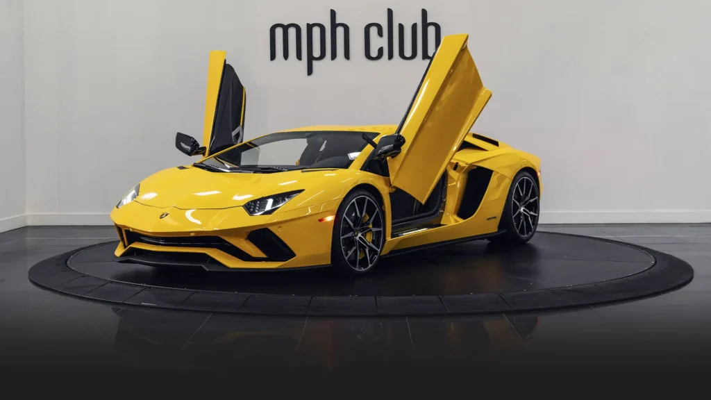 Yellow Lamborghini Aventador S rental profile view - mph club