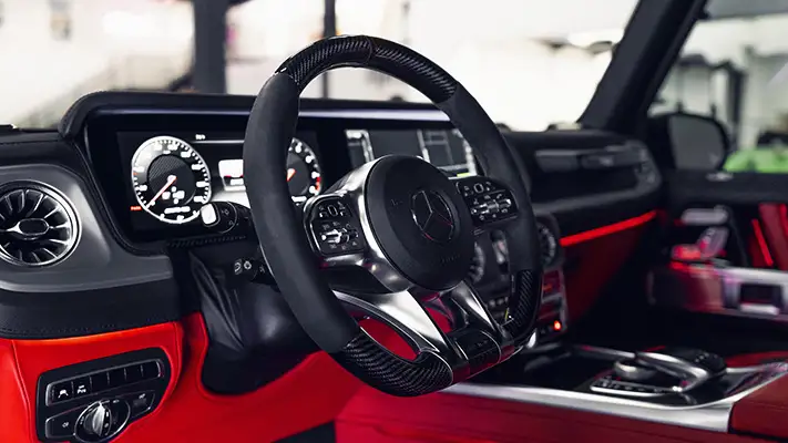 Black matte with red Mercedes Benz G63 rental dashboard view - mph club
