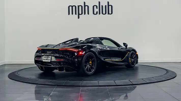 Black on yellow McLaren 720s Spider rental rear view - mph club