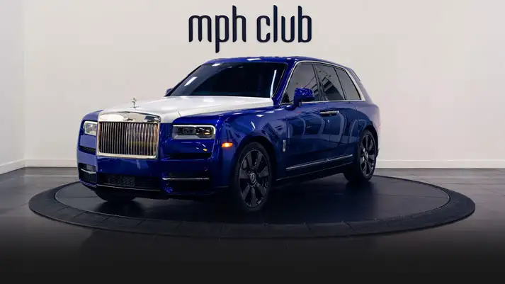 Blue Rolls Royce Cullinan rental profile view rszd - mph club