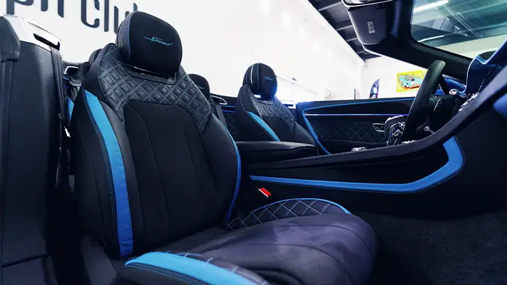 Blue Bentley Continental GTC Speed rental interior view - mph club