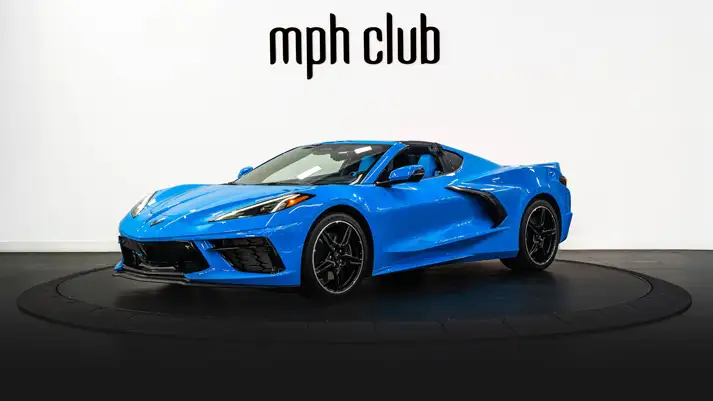 Blue on blue Chevrolet Corvette C8 rental profile view rszd - mph club