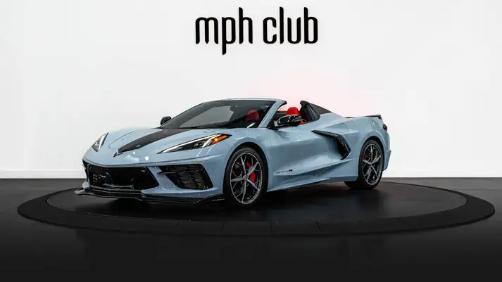 White on red Chevrolet Corvette C8 rental profile view rszd - mph club