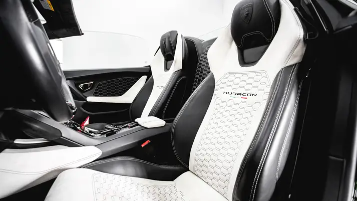 Black on white Lamborghini Huracan Evo Spyder rental interior view - mph club