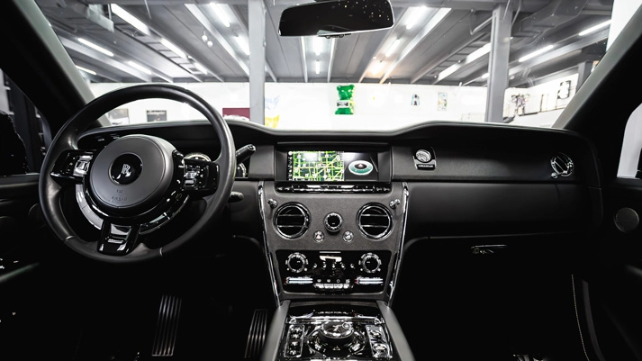 Black Rolls Royce Cullinan Widebody rental dashboard view - mph club
