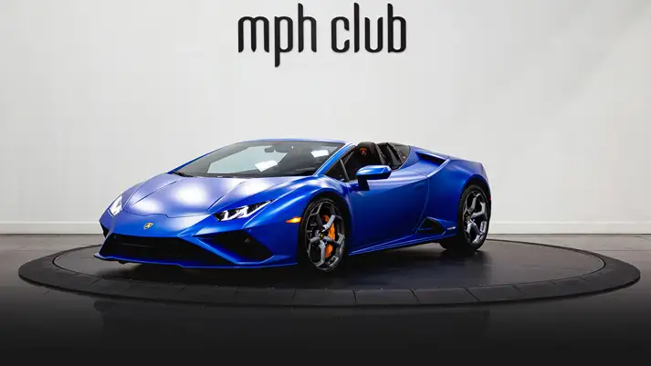 Blue Matte on black Lamborghini Huracan EVO Spyder rental profile view rszd - mph club