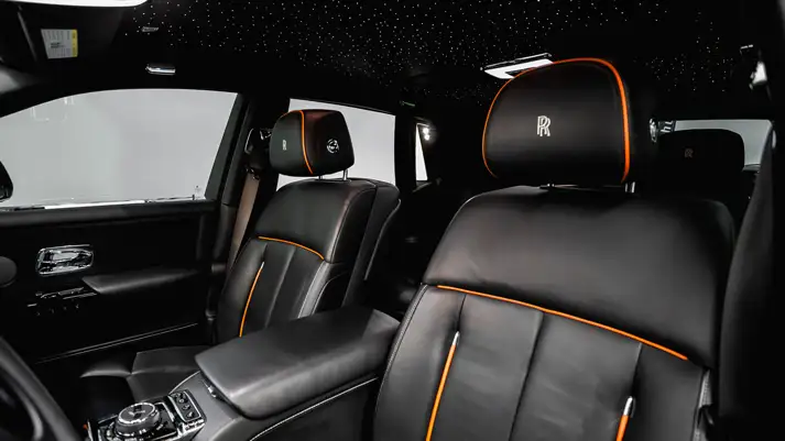 Black on orange Rolls Royce Phantom rental interior view - mph club