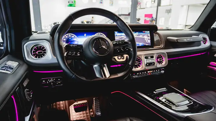 Blue Mercedes Benz G63 AMG G-Wagon rental dashboard view - mph club