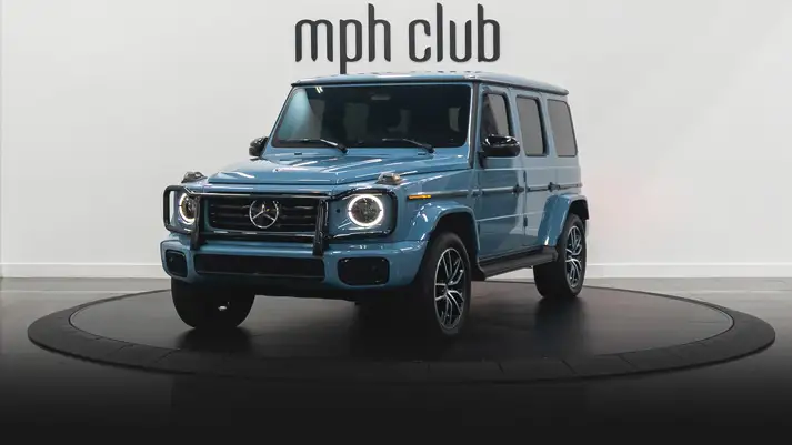 Blue Mercedes Benz G63 AMG G-Wagon rental profile view rszd - mph club