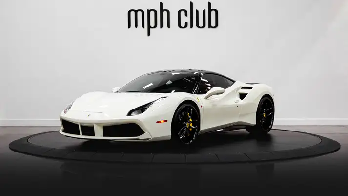 White on black Ferrari 488 GTB rental profile view rszd - mph club