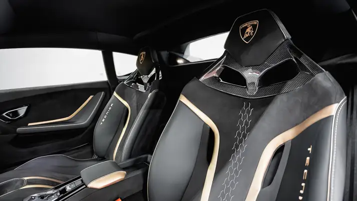 White on black Lamborghini Huracan Tecnica rental interior view - mph club