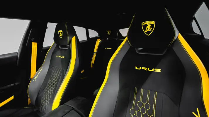 Black on yellow Lamborghini Urus Performante rental interior view - mph club