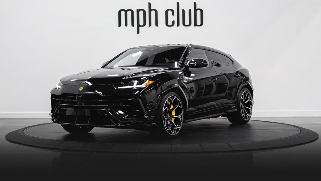 Black on yellow Lamborghini Urus Performante rental profile view - mph club