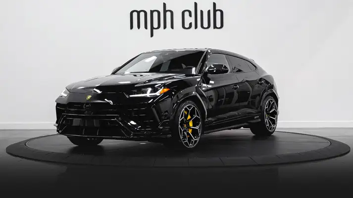 Black on yellow Lamborghini Urus Performante rental profile view rszd - mph club