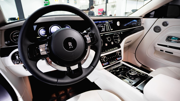 Dark grey Rolls Royce Spectre rental dashboard view - mph club