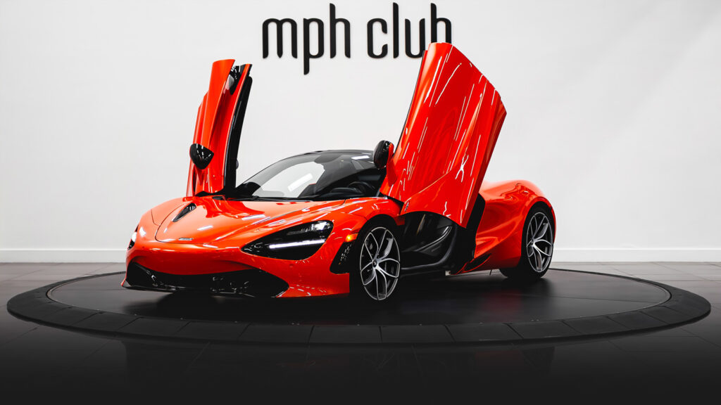 Orange McLaren 720s Spider rental profile view - mph club