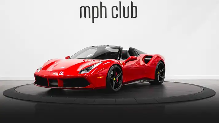 Red Ferrari 488 Spider for rent profile view rszd - mph club