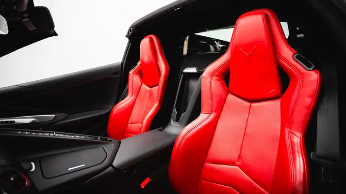 White with red Chevrolet Corvette C8 rental interior view - mph club