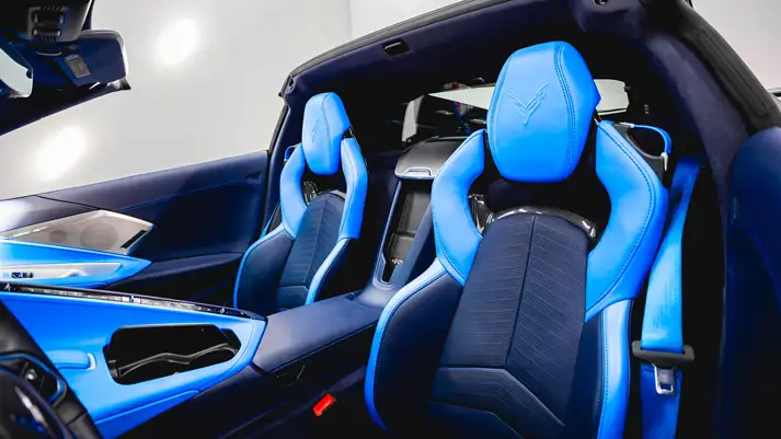 Black on blue Chevrolet Corvette C8 rental interior view - mph club