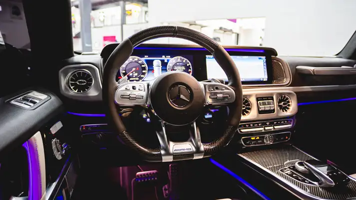 Lite blue Mercedes Benz G63 rental dashboard view - mph club