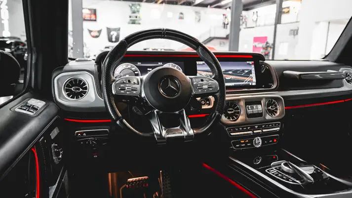 Matte black on black Mercedes Benz G63 AMG G Wagon rental dashboard view - mph club