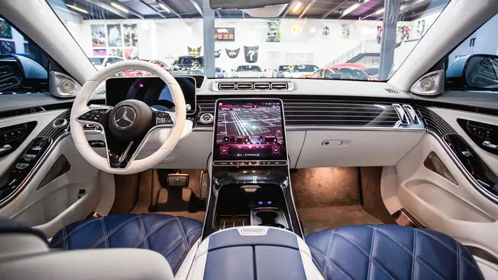 Silver Mercedes Benz Maybach S600 rental dashboard view - mph club