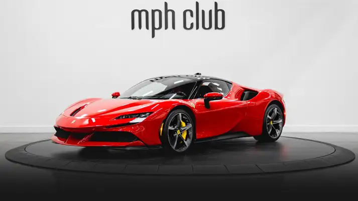 Red on red Ferrari SF90 rental profile view rszd - mph club