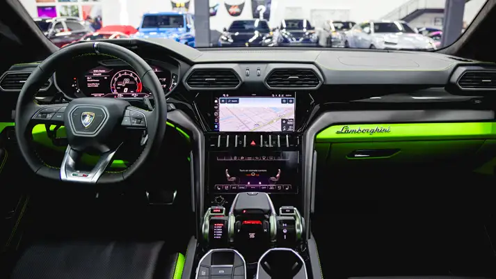 Green Lamborghini Urus S rental dashboard view - mph club