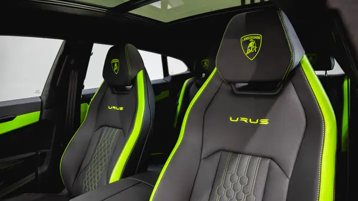 Green Lamborghini Urus S rental interior view - mph club