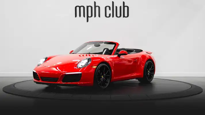 Red Porsche 911 Carrera Cabriolet rental profile view rszd - mph club