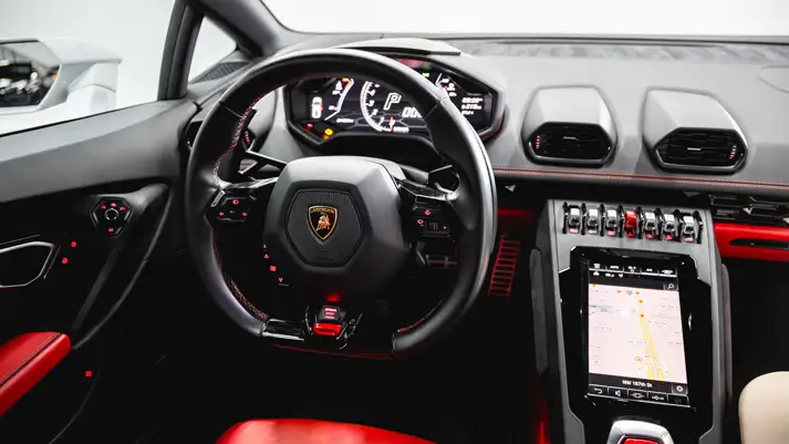 White Lamborghini Huracan EVO Coupe rental dashboard view - mph club