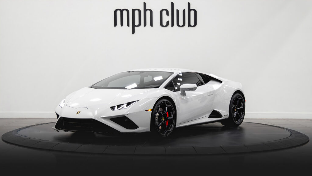 White Lamborghini Huracan EVO Coupe rental profile view - mph club