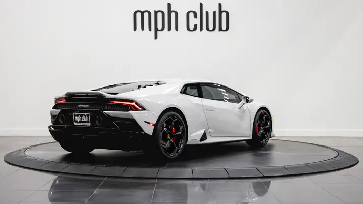 White Lamborghini Huracan EVO Coupe rental rear view - mph club