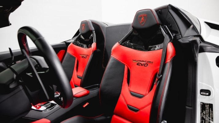 White and black Lamborghini Huracan EVO Spyder rental interior view - mph club