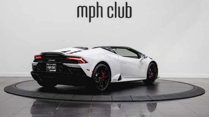 White and black Lamborghini Huracan EVO Spyder rental rear view - mph club
