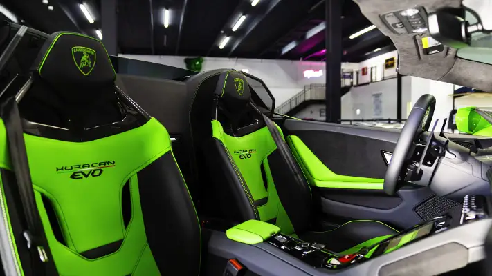 Green on green Lamborghini Huracan EVO Spyder rental interior view - mph club