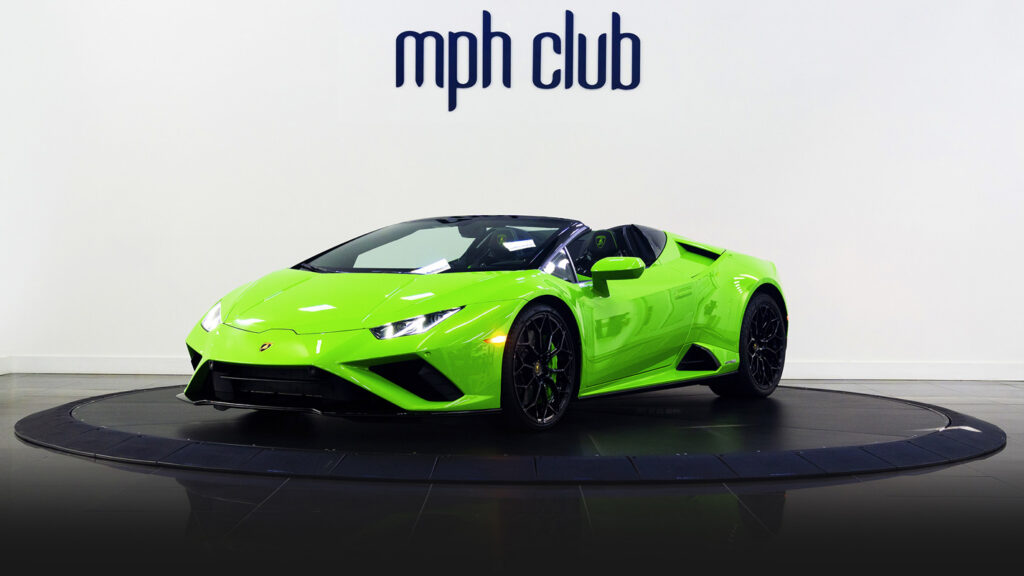 Green on green Lamborghini Huracan EVO Spyder rental profile view - mph club