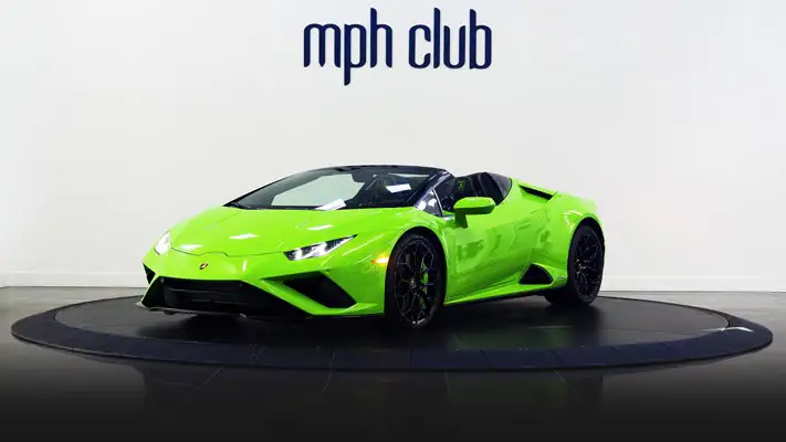 Green on green Lamborghini Huracan EVO Spyder rental profile view rszd - mph club