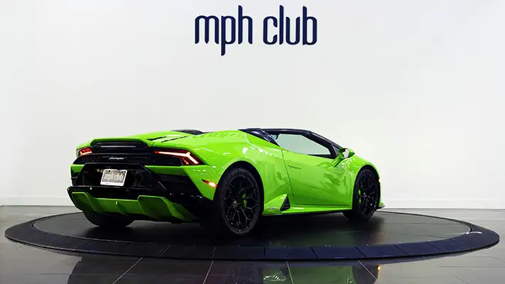 Green on green Lamborghini Huracan EVO Spyder rental rear view - mph club