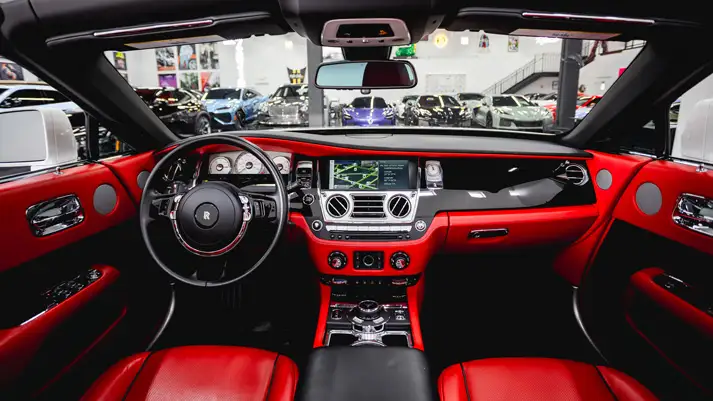 White on red Rolls Royce Dawn for rent dashboard view - mph club