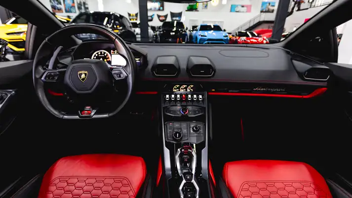 Black on red Lamborghini Huracan Spyder rental dashboard view - mph club