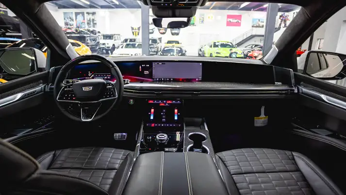 White Cadillac Escalade V for rent dashboard view - mph club